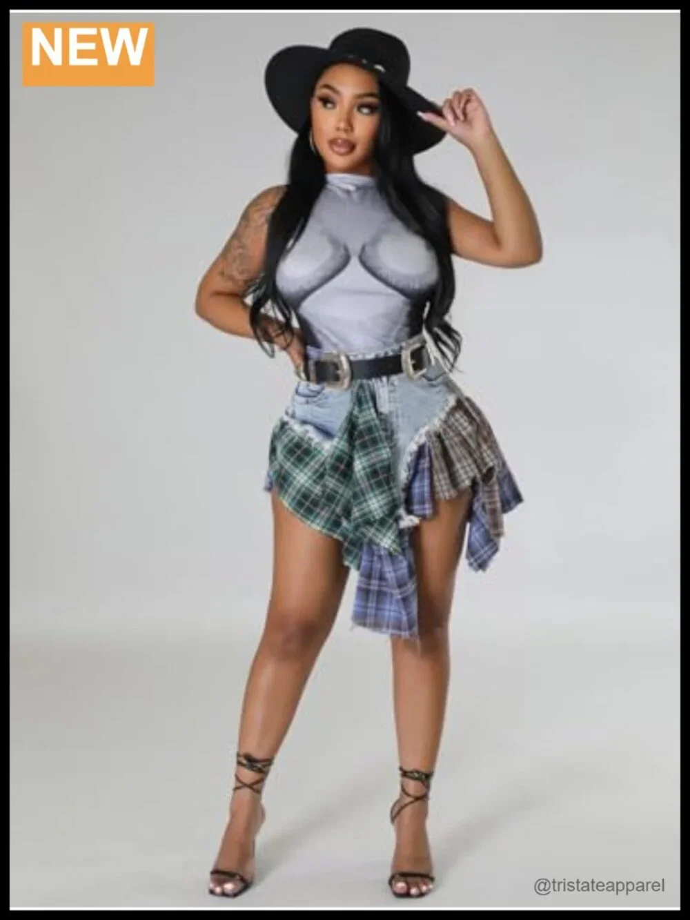 Denim Mini Skirt Plaid Patchwork Asymmetrical Hem Polyester Spandex Raw Frayed